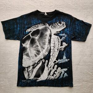 Sea Turtle Graphic T Shirt Mens Medium Black Blue All Over Print Ocean Mexico